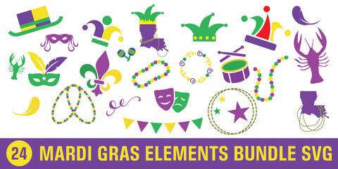 Mardi Gras carnival set icons, Mardi gras icon set, flat style. Collection Mardi Gras, mask with feathers, beads, jester hat, fleur de lis