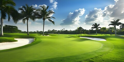 Elegant and Precise Tropical Golf Course with Palm Trees and Sand. Concept Tropical Golf Course, Palm Trees, Sand, Elegant, Precise