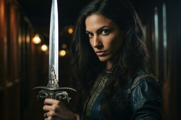 Fierce female warrior poses with a sword, casting a determined look, illuminated by atmospheric lighting