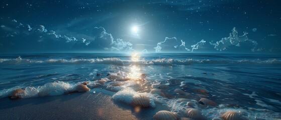Magical beach with seashells glowing under the moonlight, Summer, Fantasy, Dark tones, High detail