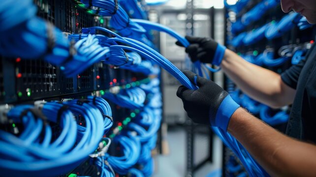 A technician wearing gloves is installing blue network cables into a patch panel.