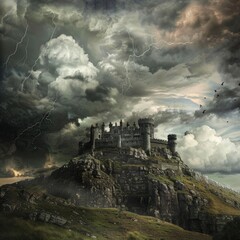 A castle is on top of a hill with a stormy sky in the background