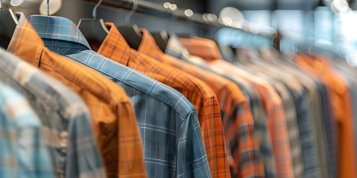 Closeup of mens shirts on hangers in a retail store. Concept Fashion Photography, Retail Display, Menswear, Store Interior, Closeup Shots