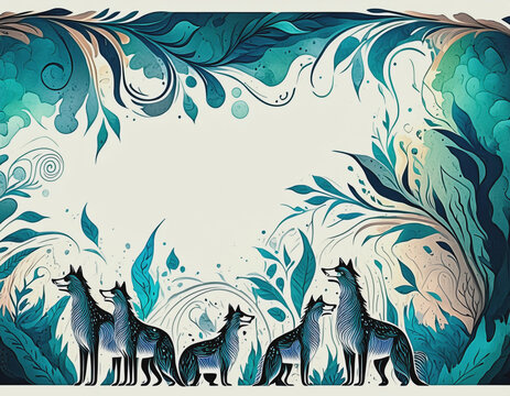 Border of Wlves and Greenery on White Background Illustration AI