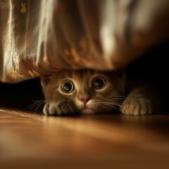 A cat is hiding under a blanket and looking up at the camera