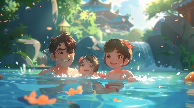 Family Fun by the Pool: Father Teaching Kids to Swim in a Vibrant Vector Design for Father's Day Celebration