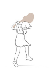 woman stands at full height swinging a guitar - one line art vector. music hater concept, musician hysteria