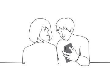 man shows something on the screen of his smartphone to a woman nearby - one line art vector. concept share news, digital event