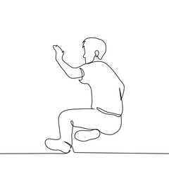 man fell and put his hand in front of his face, shielding himself from something - one line art vector. concept of victim, defending against attack