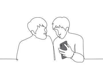 man shows something on the screen of his smartphone to his friend nearby - one line art vector. concept share news, digital event