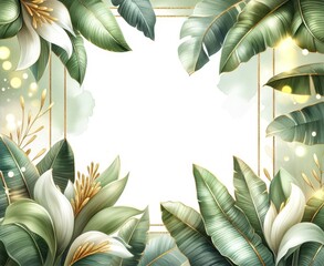 Elegant botanical frame with green leaves and white lilies, ideal for nature-themed invitations.