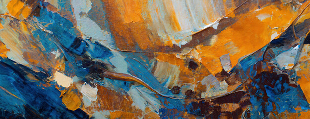 A close-up of vibrant abstract art featuring bold brushstrokes and a mix of blue, orange, and brown hues, showcasing a textured and dynamic composition.