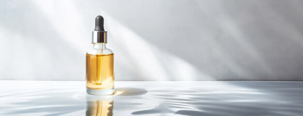 A glass dropper bottle filled with golden liquid stands on a smooth, reflective surface in a minimalist setting with soft lighting and shadows.