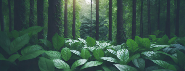 Lush green leaves cover the forest floor with tall trees in the background, creating a dense and vibrant natural environment in early morning light.