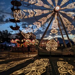 A carnival with a Ferris wheel and other rides
