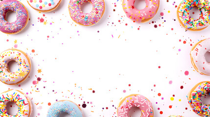 Illustration of multi-colored donuts covered with icing and confetti on a white background, with free space for text in the center. Perfect for National Donut Day celebrations and promotions.
