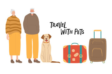 Elderly people traveling with dog. Smiling elderly couple, dog, suitcases. Senior woman and man with gray hair wearing fashionable casual clothes. Colored flat cartoon vector illustration isolated.