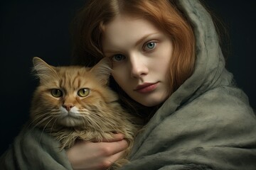 Intimate portrait of a serene young woman holding a majestic ginger cat, showcasing a bond of affection