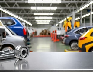 A metal blank tabletop with blurred automotive tools and parts in the background suitable for promoting automotive products