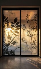 Plant patterns are printed on the light-colored sliding doors, warm