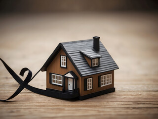 Black Friday concept. Buy a house with a discount. A miniature house model with a black ribbon design,