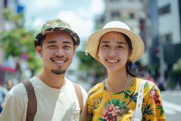 Fototapeta premium Portrait of a handsome young couple. Street photography, contemporary style. Happy couple smiling on a city street