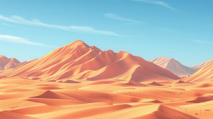 Breathtaking desert landscape with vibrant orange sand dunes and clear blue sky, creating a serene and picturesque natural scene.