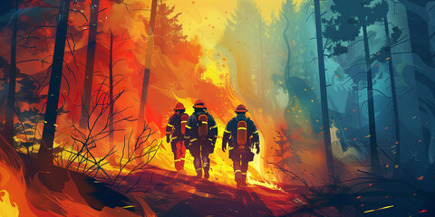 Professional firefighters extinguish a large forest fire. A team of highly qualified firefighters is walking through a forest engulfed in fire, colorful illustration. Fighting forest fires