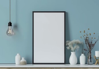 empty vertical picture frame on a table, a blank poster mockup template with space for copy text in the style of modern interior design home decor, with a blue wall background, hanging light bulb lamp