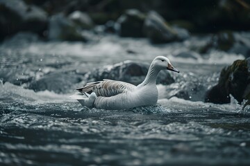 a swan swims in a deep river