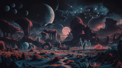 Fototapeta premium Alien Planet: A surreal landscape on a distant planet with bizarre, towering rock formations and an alien sky filled with multiple moons and strange constellations. The ground is covered in biolumines