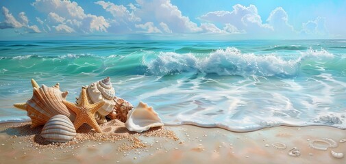 Seashells and starfish on a sandy beach with turquoise waves, Summer, Realism, Soft pastels, High detail