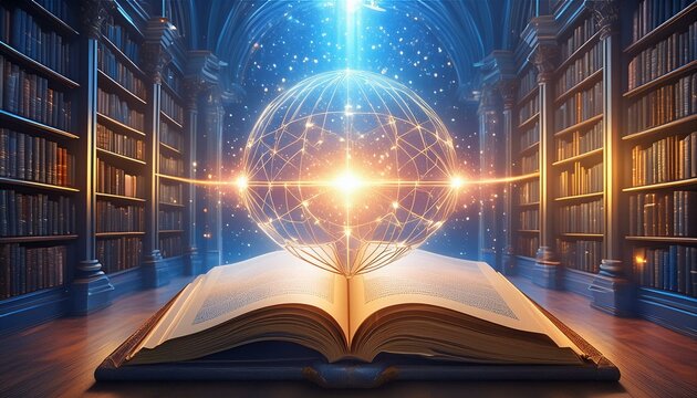 A book floating in an ethereal library pages filled with ancient knowledge and future predictions, fantasy and magic - Powered by Adobe
