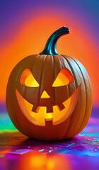 iridescent jack-o-lantern on a colorful background. AI Generated