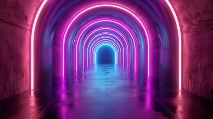 Vibrant neon tunnel with futuristic purple and pink lights
