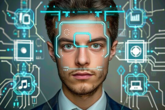 Young man with futuristic facial recognition interface
