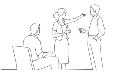 Three people are sitting in chairs and talking to each other