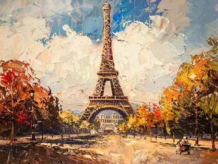 An impressionistic painting of the Eiffel Tower surrounded by autumn trees with a bright sky, reflecting the beauty and charm of Paris in fall