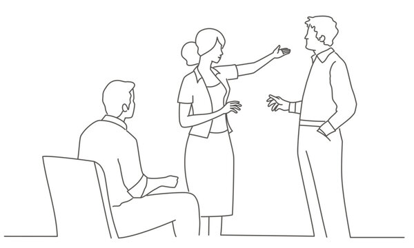 Three people are sitting in chairs and talking to each other