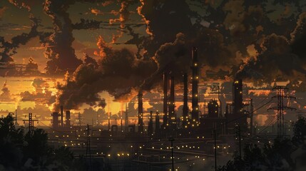 oil plant at night with beautiful sky, illuminated, oil factory and grid in the background, smoke coming out of chimneys, industrial landscape, photo realistic, high resolution photography,