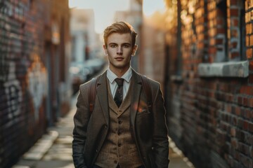 Obraz premium Handsome young adult caucasian man in elegant suit on urban background