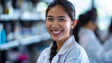 Fototapeta premium Smiling Asian Female Scientist in Laboratory, Wearing Lab Coat, Research and Innovation