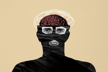 Composite photo collage of black silhouette man cut head peek brain organ brainstorm schizophrenia...