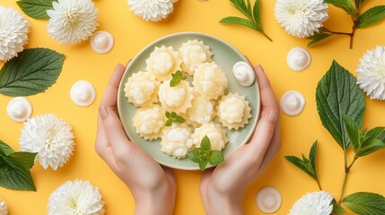 Fresh homemade dumplings on a plate held by female hands with floral decorations