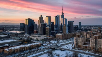 Obraz premium City skyline sunset winter with snow concept down town urban architecture skyscrapers modern