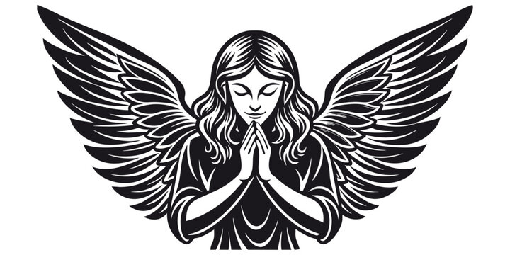 girl angel with wings praying vector stencil