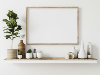 Abstract mockup of frame on shelf in scandinavian interior design, simple wall with decor and decorative objects. White background for artwork poster or picture. Modern home decoration concept.