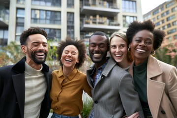 Group of happy multiethnic friends looking at camera and laughing. Multiethnic group of young people standing in the street.