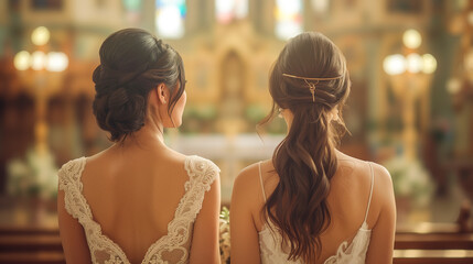 Back view of two brides in lace wedding dresses standing together inside a beautifully decorated church, with intricate hairstyles and soft lighting highlighting the elegant and romantic atmosphere. - Powered by Adobe