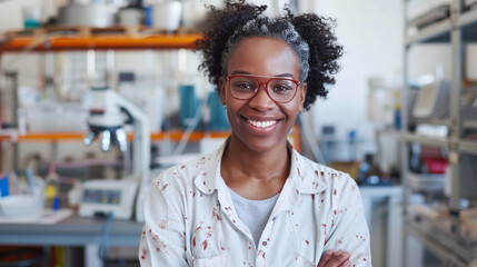 Smiling Female Scientist in Laboratory, Wearing Lab Coat, Research and Innovation